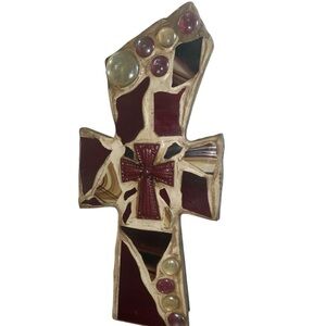 Mosaic Tourmaline Religious Maroon Cream 12”H x 6”W Decorative Wall Cross